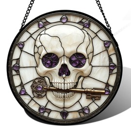 CRISGIF Stained Glass Window Hanging - Halloween Scary Skull Suncatcher for Doors Garden Home Spooky Purple Skeleton Key Sun Catchers Gothic Decor Horror Gifts for Women Men Friend Boy Girl 6.3 in