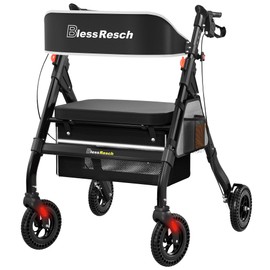 BlessReach Foldable Rollator Walkers with Seat for Seniors, 450 lb Capacity, 8'' Wheels, 18" Big Seat, 6-Position Height, Heavy-Duty Aluminum Rolling Walker (Black)