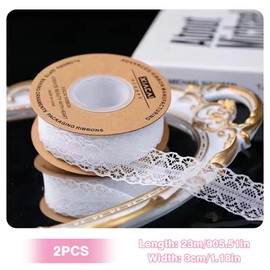 Nastro di pizzo bianco vintage, 2 rotoli di bordo bianco in pizzo, nastro per regali, larghezza nastro, in pizzo bianco, per matrimonio, cucito, fiori, confezioni regalo, 3 cm x 23 m, each)