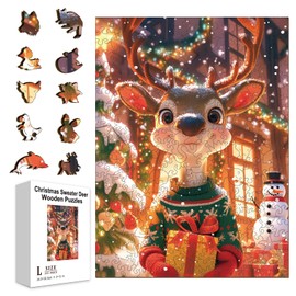 GLOBLELAND 300Pcs Christmas Cute Sweater Deer Wooden Jigsaw Puzzles for Adults 15.2x11.2inch Snowman Snowflakes Colorful Unique Animal Shaped Jigsaw Puzzles for Holidays Birthday