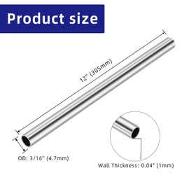 3/16 Inch (4.7mm) OD Round Metal Pipe, 304 Stainless Steel Tubing, 12" Length Weldable Industrial Straight Tube, 4 PCS