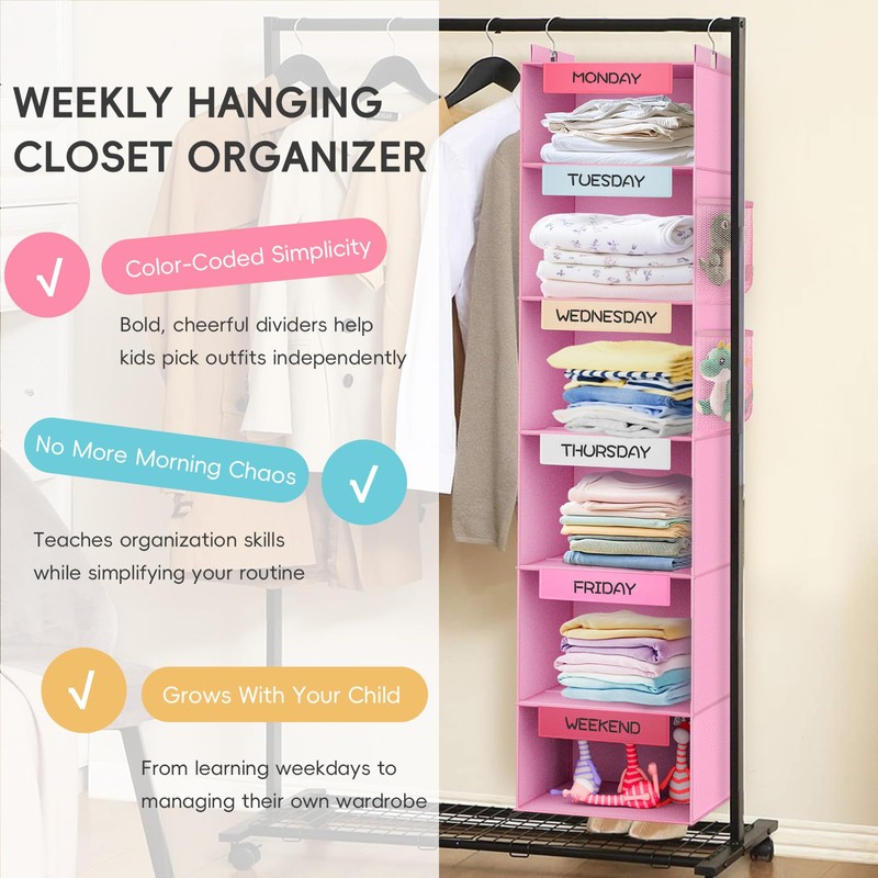VERONLY Weekly Hanging Closet Organizer for Kids, 6-Shelf Clothes Storage