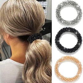 Fashey Rhinestone Hair Ties Black Crystal Elastic Ponytail Holders 3 Pcs Beaded Hair Scrunchies Stretchy Hair Accessories for Women