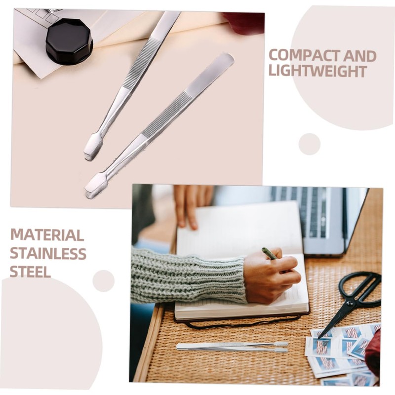 TEHAUX 3pcs Precision Stainless Steel Tweezers Flat Tweezers for Stamp