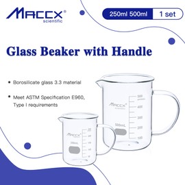Maccx Glass Beaker with Handle Set, 2Size, Including 250ml, 500ml，3.3 Borosilicate Griffin Low Form with Printed Graduation,BKLHS02-002