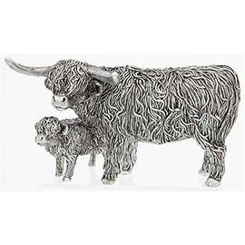 Small Silver Highland Cow and Wee Calf Ornament
