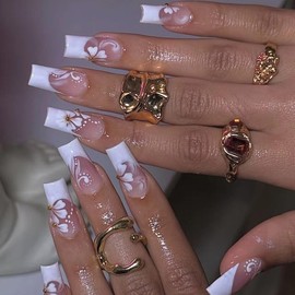 MERVF Press on Nails Long Square White French Tip Fake Nails Glue ons Wedding Thanksgiving Acrylic Nail Flower Design Glossy 24pcs