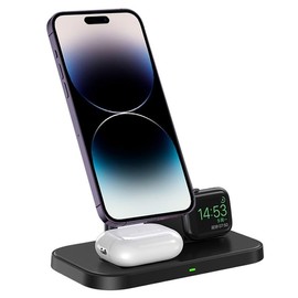 MR. GADGETS Soporte de Carga Inalambrica 3 en 1, Estación de Carga 15W, Wireless Charger Tecnología Qi Base Cargadora Magnetica Charging Stand de Escritorio para Smartphone/Audifonos/Watch (Negro)