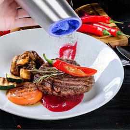 Electric Salt and Pepper Grinder Set, Gravity Sensor, 2 Pack Grinder With 1 Brush, One Hand Operation, Battery-operated with Adjustable Coarseness, Blue Led Light (Sliver 2P)