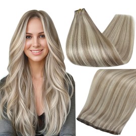 Full Shine Genius Weft Hair Extensions Color Ash Blonde Mix Bleach Blonde Hair Extensions Sew In Hand Tied Weft Extensions Soft Straight Hair For Women 24 Inch 80G