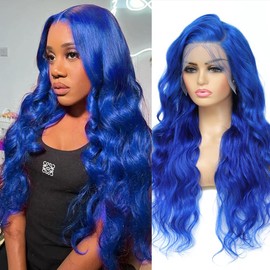 KEGOO Blue Lace Front Wig Human Hair 30 Inch 13x4 Blue Human Hair Wig 200% Density Body Wave Dark Blue Lace Front Wigs Human Hair Pre Plucked Blue HD Transparent Colored Lace Front Wigs Human Hair