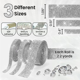Crafiny 3 Rolls Rhinestone Ribbon - Self Adhesive Rhinestone Strips - Nonwashable Rhinestone Tape - Diamond Ribbon & Bling Wrap For Crafting, DIY, Art, Decoration - Comes with a Scissor & Box (Silver)