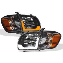 Switchback Sequential LED Strip Tube Bar Black Housing Crystal Headlights With Signal Corner Lamps Amber Reflector 4-Pieces nb Compatible With 05-06 Toyota Tundra Double (Crew) Cab / 05-07 Sequoia