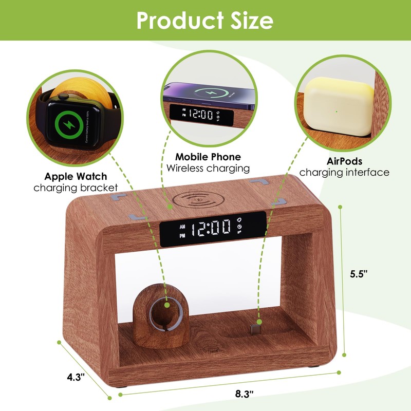 HQOBZX Wooden Bedside Table Lamp with Wireless Charging Station, LED