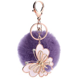 JK Home Ball Pom Pom Plush Butterfly Keychain for Car Phone Bag Toy Light Purple