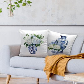 Nvotell Blue and White Chinoiserie Hydrangea Pillow Covers 18x18, Chinoiserie Decor, Farmhouse Blue Floral Grandmillenial Decorative Throw Pillows Case for Home Bedroom Living Room Decor, Set of 2