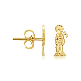 14K Yellow Gold Santa Muerte Saint Of Death & Protection Stud Earrings