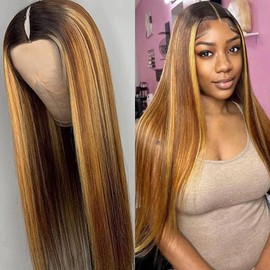 Pobokix Highlight Ombre V Part Wigs Human Hair Straight Balayage Blonde V Part Human Hair Wigs 180% Density Glueless Clip In Half Wig (8inch,#T1BP4/27)
