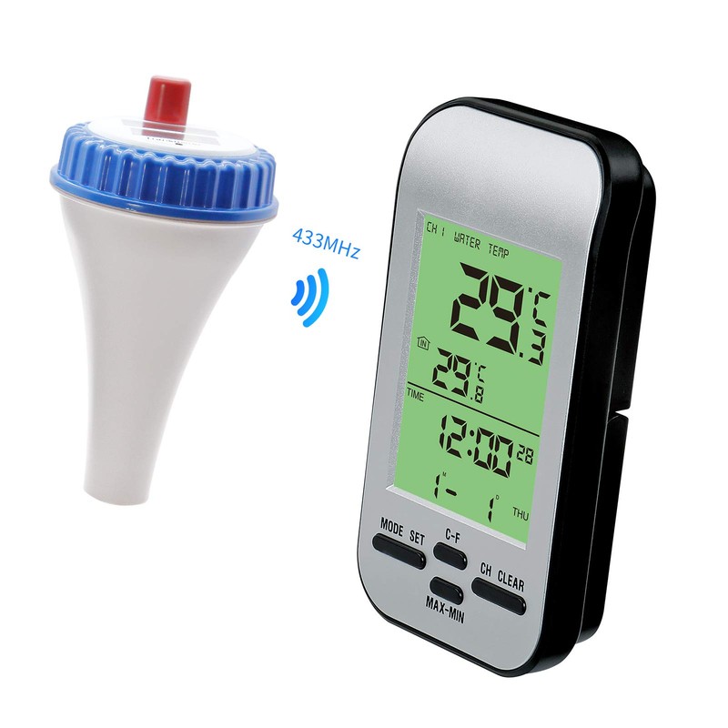 AMTAST Wireless Solar Swimming Pool Thermometer with Calendar Alarm Clock