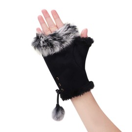 Women Suede Fingerless Gloves Girls Winter Faux Fur Mittens Thick Warm Half Finger Mittens Touchscreen Texting Hand Gloves with Elastic Band Black, Grey, Red, Brown for Cycling/Ski Outdoor Sport