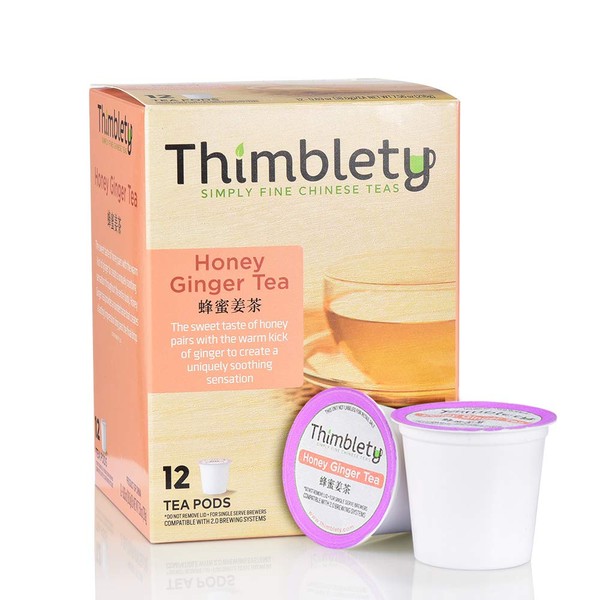 Thimblety Honey Ginger Tea - Chinese Herbal Tea for 12 K cup pods, Single Service Tea Capsule, Advanced Version of Tea Bag, Caffeine Free Herbal Tea, Good for Immunity Boosting (12 Count)