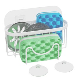 HapiRm Sponge Holder for Kitchen Sink - Sink Caddy with Unique M-Shaped, 2 Installation Methods Kitchen Organizer, Rustproof Stainless Steel Sponge Caddy - White