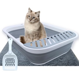MUYG Collapsible Small Cat Litter Box,Open Top Cats Litter Pan with Scoop Waterproof & Foldable Kitten Potty Toilet Anti-Splashing Low Entry Kitty Travel Litter Tray Semi-Enclosed Easy Clean(Gray)