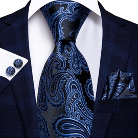 Hi-Tie Conjunto de corbata de seda extra larga para hombre, con bolsillo para corbata, gemelos cuadrados, rayas, cachemira, sólido, azul, rojo, negro y dorado, azul marino negro, Large