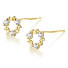 Silver 925 Silver Earrings, Gold, 18K Coating, Hypoallergenic, Circle, Wreath, Stone, Zirconia, CZ Diamond, Sterling Silver, No Gemstone