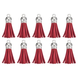 sourcing map 20Pcs 1.5 Inch Leather Tassels Keychain Charm with Silver Cap for Pendant Bracelet Jewelry Making DIY Craft Decoration, Red