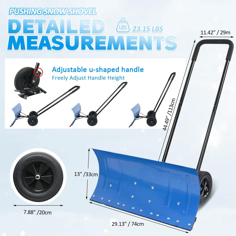 WYDHven Snow Shovel Pusher, 29.13-inch Metal Snow Pusher with Wheels