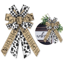 Glodecart Large Cow Bow for Wreath, Farm Theme Cow Pattern Bow for Front Door, Burlap Plaid Farm Animal Wreath Bow for Party Farm Decor Indoor Outdoor Wall Spring Summer Decoration Supplies Ornament