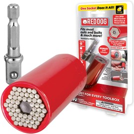 Red Dog Socket w/Drill Adapter, Fits Most Nuts & Bolts, Use with Socket Wrenches & Power Drills, Steel Rods Form Any Shape, Standard or Metric, 2 In.