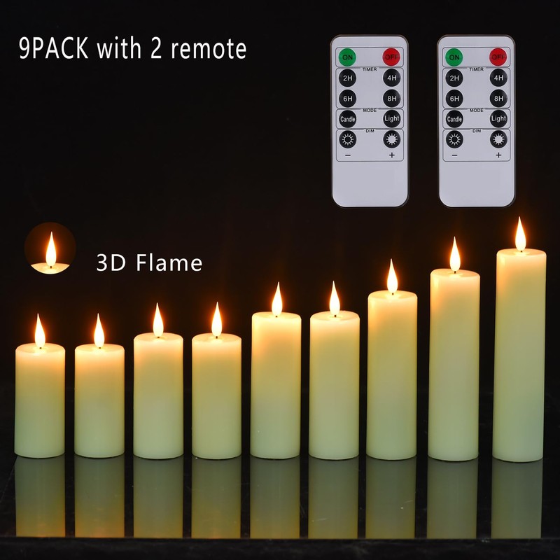Hanzim Flameless Flickering Battery Operated Candles 9PACK Real Wax Pillar