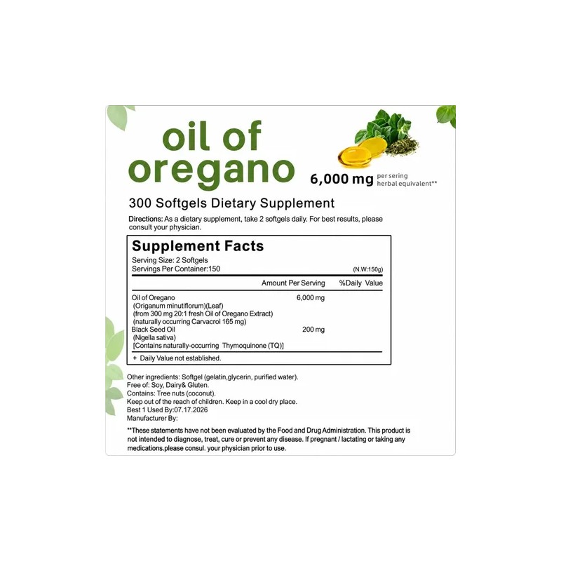 Aceite Oregano Semilla Negra 6000 Mg Sin Gluten 300