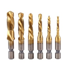 YFFSFDC Drill Tap, Drill Bit, Hexagonal Shaft, Set of 6, Chamfering Tap, Multi-functional, Drilling Threading, Tap, Spiral, HSS High Speed Steel, M3, M4, M5, M6, M8, M10, Tap Drill Set (Titanium-Gold)
