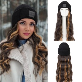 S-noilite Beanie Wig Hair Extensions,18 Inch Long Wavy Hair Extensions with Knitted Hat Hairpieces for Women Girls Winter Medium Brown with Dark Blonde