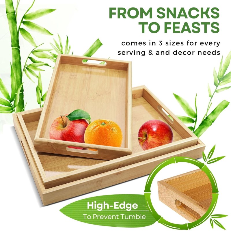 Flexzion Bamboo Trays for Serving Food - 3 Pack Bamboo