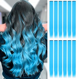 12 Blue Hair Extensions 55 cm Straight Long Clip in Hair Synthetic Straight Hairpiece for Girls Kids Women Daily and Party (Lake Blue)