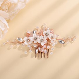 Rumtock White Flower with Rhinestones Beads Rose Gold Hair Comb for Wedding Brides Women Banquet Prom Handmade Hair Piece (Rose Gold)