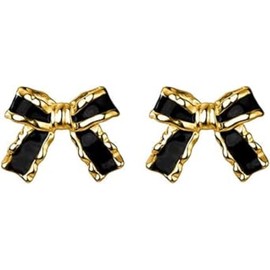 Bow Earrings Studs for Women Teen Girls Bowknot Stud Earrings Ribbon Bow Studs (Black+Golden, One size)