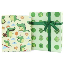 Green Gift Wrapping Paper For Kids Girls Boys, Happy Crocodile Cactus Clover Lovely Frog Gift Wrap Paper for Birthday Baby Shower Holiday, 6 Sheets With A Roll of Green Ribbon
