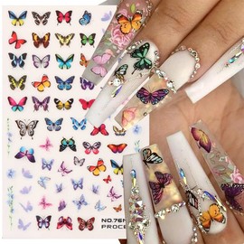 6 Sheets Butterfly Nail Art Stickers, 3D Self-Adhesive Nail Decals Colorful Laser Butterfly Nail Designs Butterfly Stickers for Acrylic Nails Art Supplies DIY Manicure Decoration for Women Girls
