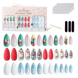72Pcs Christmas Nails Santa Claus Snowflake Press on Matte Glossy Almond Stiletto False Nails X-mas 3D Glitter Nail Tips Gift Box