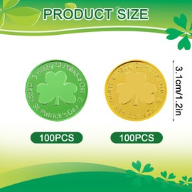 YYBD 200Pcs St. Patrick's Day Lucky Coins Plastic Shamrock Leprechaun Coins Gold Green 3-Leaf Clover Coin Happy St. Patrick's Day Decoration for Irish Festival Party Favors Home Table Decor, 1.34 Inch