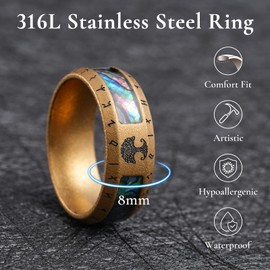 King Will 316L Stainless Steel Men Wedding Band-Viking Men Ring with Tree of Life Rune Design and Abalone Shell Inlay, 8mm Wedding Ring Vintage Gold Finish Hypoallergenic and Comfort Fit Size 11