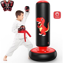 QPAU Inflatable Punching Bag, 48 Inch Stable Inflatable Boxing Bag for 3-6 Kids,Dinosaur Toy & Gifts for Boys and Girls, Kids Boxing Set for Practicing Karate, Taekwondo Training Gear Exercise Equipment Active Playtime Family Bonding:_Dinosaur Red