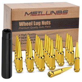 MEILUNBS 32PCS 9/16"-18 Spiked Lug Nuts, 4.4" Tall Black Bullet Cone Seat Wheel Nuts with Socket Key, Compatible with Dodge Ram 1500 2500 3500 1994-2011, Ford F250 F350 1988-1998, Gold