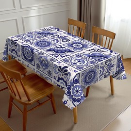 NEEZSEEZ Talavera Mexican Tiles Tablecloth Navy Blue Flowers Leaves Hearts and Swirls Table Cloth Rectangle Table Cover Kitchen Decorations for Home Dinner Party 54 x 72 Inch