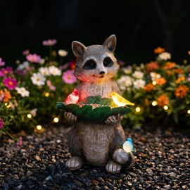 Solar Raccoon Sculpture Bird Feeder and Succulent Planter, Outdoor Garden Decor with LED Lights, Weather Resistant Garden Gift